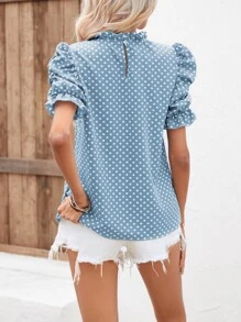 SHEIN VCAY Polka Dot Print Puff Sleeve Blouse - Blue - View 2