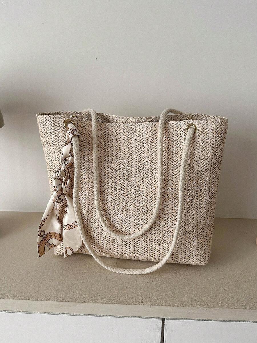 Khaki Straw Bag Skinny Scarf Decor Double Handle For Vacation