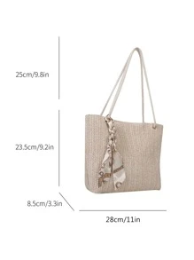 Khaki Straw Bag Skinny Scarf Decor Double Handle For Vacation - White - View 4
