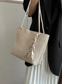 Khaki Straw Bag Skinny Scarf Decor Double Handle For Vacation - White - View 7