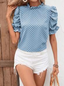 SHEIN VCAY Polka Dot Print Puff Sleeve Blouse - Blue - View 4