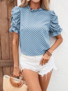 SHEIN VCAY Polka Dot Print Puff Sleeve Blouse - Blue - View 6