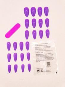 Transform Your Nails with 24pcs Long Almond Purple Solid Color Plain Fake Nail & 1sheet Tape & 1pc Nail File - Multicolor - View 3