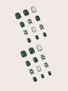 Nail Nina Elevate Your Style With 24pcs Short Square Green Plaid French Print Fake Nail & 1sheet Tape & 1pc Nail File Press On Nails Nail Supplies - Multicolor - View 2