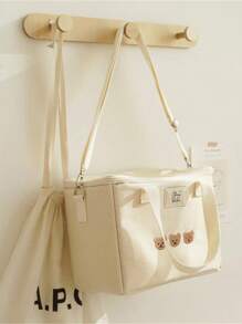 卡通熊圖案便當袋可愛字母貼飾滌綸午餐托特包保溫飯盒袋適用於學校工作適用於野餐旅行戶外適合女士男士 - 米色 - 查看 1