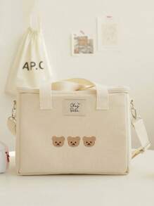 卡通熊圖案便當袋可愛字母貼飾滌綸午餐托特包保溫飯盒袋適用於學校工作適用於野餐旅行戶外適合女士男士 - 米色 - 查看 3