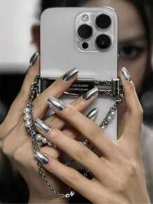 VV MEI JIA ER Elevate Your Style With 24pcs Long Square Silver Metal Mirror Effect Effect Fake Nail & 1pc Nail File & 1sheet Nail Tape Press On Nails Nail Supplies - Silver - View 4