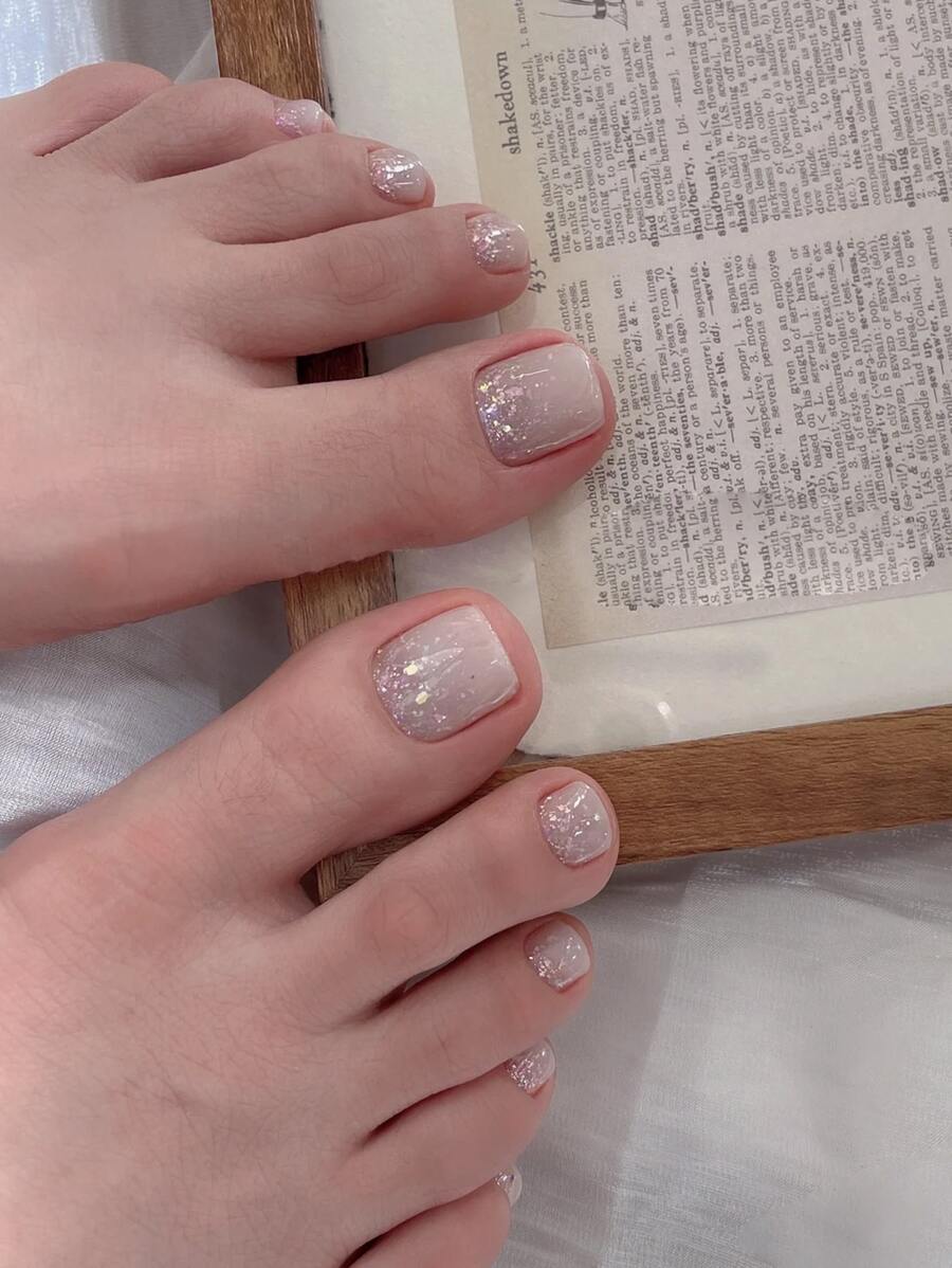 Instantly Upgrade Your Look With 24pcs Short Square Nude Glitter Fake Toenail & 1pc Toenail File & 1sheet Tape Press On Nails Nail Supplies - Multicolor - View 1