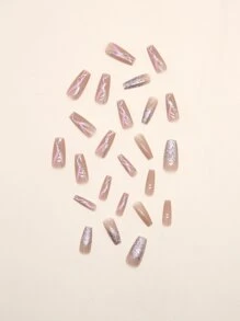 用24入組長棺材粉色條紋閃光假指甲和1入組指甲銼和1張指甲膠帶升級您造型 - 彩色 - 查看 5