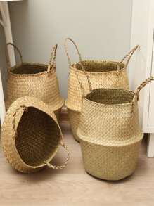 1pc Straw Plant Container, Modern Solid Color Multi-purpose Woven Plant Container For Home Decor - Apricot - View 3