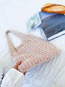 大容量鉤針編織袋度假鏤空 - 米色 - 查看 3