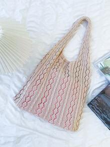 大容量鉤針編織袋度假鏤空 - 米色 - 查看 5