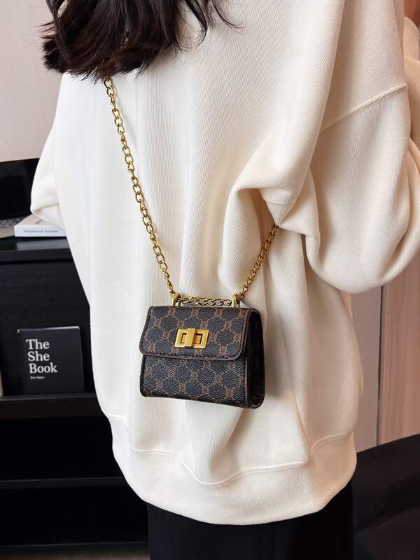 Mini Square Bag Fashionable Geometric Pattern Twist Lock Flap Chain PU