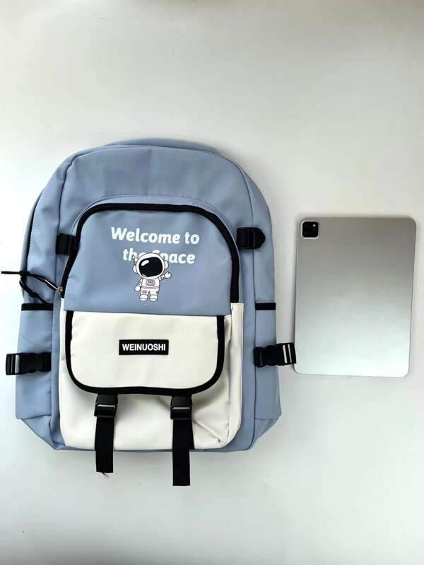 Slogan Graphic Classic Backpack Letter Patch Decor With Astronaut Bag