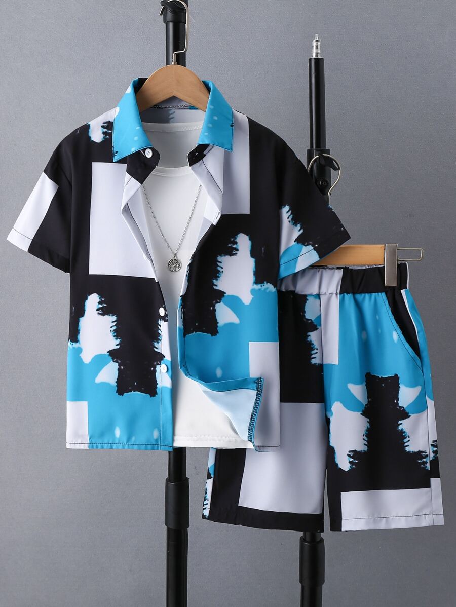 SHEIN Tween Boy Colorblock Shirt & Shorts Without Tee, School, Campus, College Summer Holiday - Multicolor - View 1