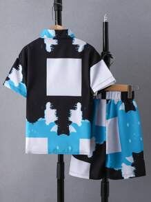 SHEIN Tween Boy Colorblock Shirt & Shorts Without Tee, School, Campus, College Summer Holiday - Multicolor - View 2