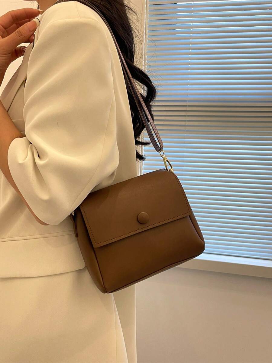 迷你方包可調整肩帶翻蓋PU皮革極簡 - 咖啡棕 - 查看 1