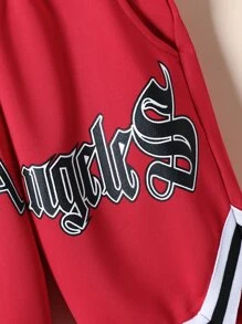 SHEIN Tween Boy Letter Graphic Contrast Tape Shorts - Red - View 4