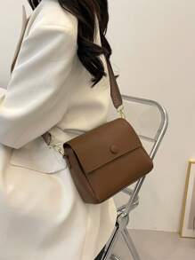 迷你方包可調整肩帶翻蓋PU皮革極簡 - 咖啡棕 - 查看 6