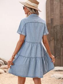 EMERY ROSE Flap Pocket Ruffle Hem Denim Dress - Light Wash - View 2