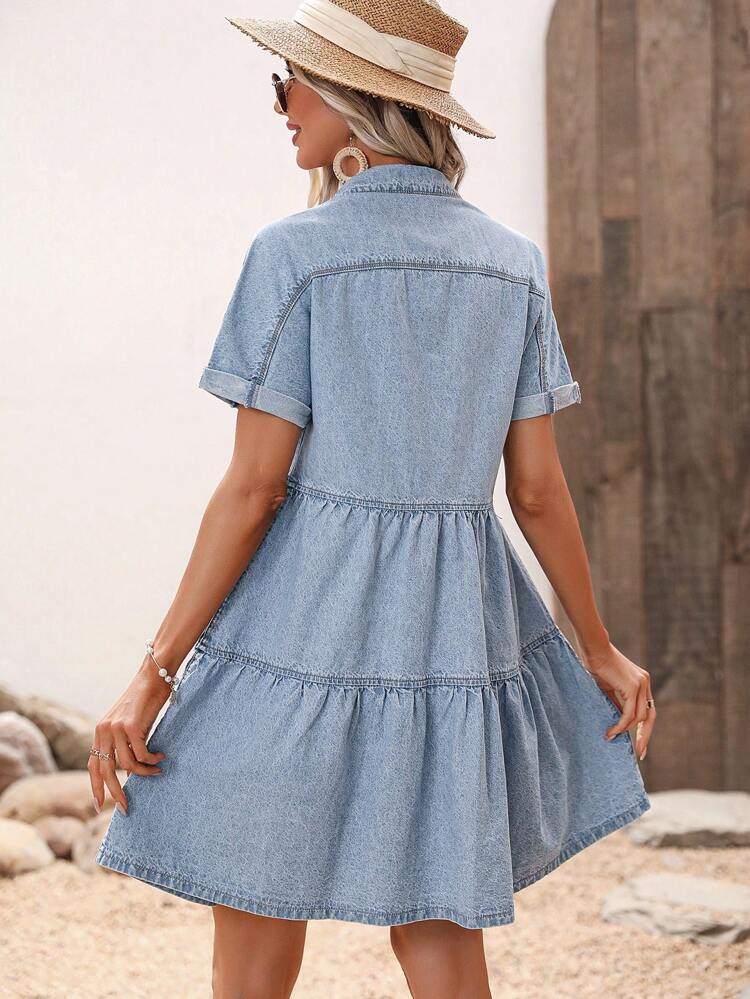 Flap Pocket Ruffle Hem Denim Dress