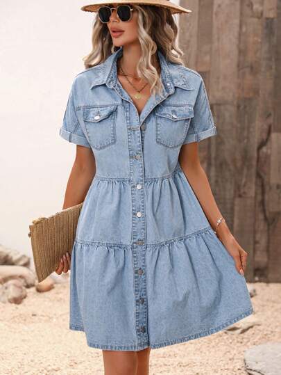 EMERY ROSE Flap Pocket Ruffle Hem Denim Dress