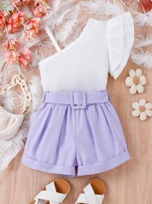 SHEIN 小女童不對稱領荷葉邊上衣和紙袋腰短褲 - 紫丁香色 - 查看 1