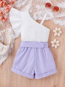 SHEIN 小女童不對稱領荷葉邊上衣和紙袋腰短褲 - 紫丁香色 - 查看 2