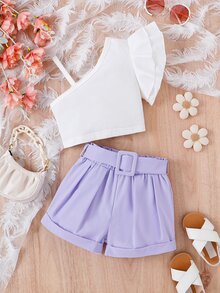 SHEIN 小女童不對稱領荷葉邊上衣和紙袋腰短褲 - 紫丁香色 - 查看 6