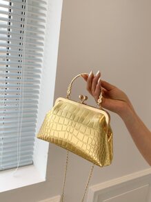鱷魚紋手提袋吻扣頂把鏈金屬PU，時尚、叛逆和街頭穿搭的手提包 - 金色 - 查看 2
