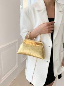 鱷魚紋手提袋吻扣頂把鏈金屬PU，時尚、叛逆和街頭穿搭的手提包 - 金色 - 查看 5