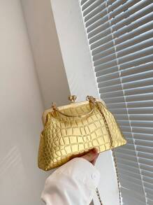 鱷魚紋手提袋吻扣頂把鏈金屬PU，時尚、叛逆和街頭穿搭的手提包 - 金色 - 查看 8