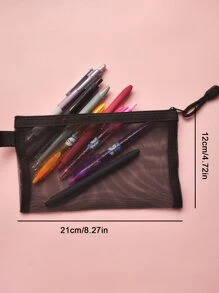 1pc Plain Mesh Pencil Case - Black - View 4
