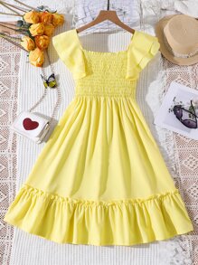 Đầm Gái viền lá sen Viên lá sen Dải chun màu trơn Dễ thương - Màu vàng - Xem 1