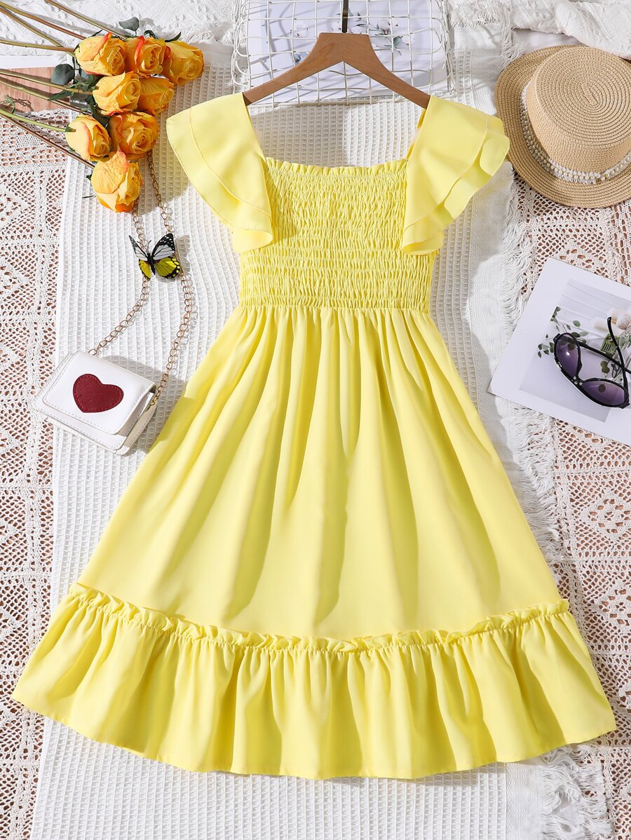 Đầm Gái viền lá sen Viên lá sen Dải chun màu trơn Dễ thương - Màu vàng - Xem 1