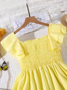 Đầm Gái viền lá sen Viên lá sen Dải chun màu trơn Dễ thương - Màu vàng - Xem 3