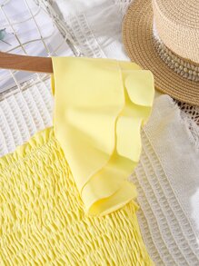 Đầm Gái viền lá sen Viên lá sen Dải chun màu trơn Dễ thương - Màu vàng - Xem 4