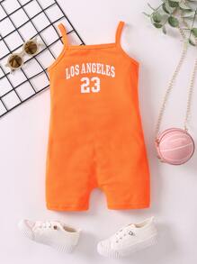 SHEIN 夏季少女橙色字母印花運動連身褲，細肩帶設計 - 橘色 - 查看 3