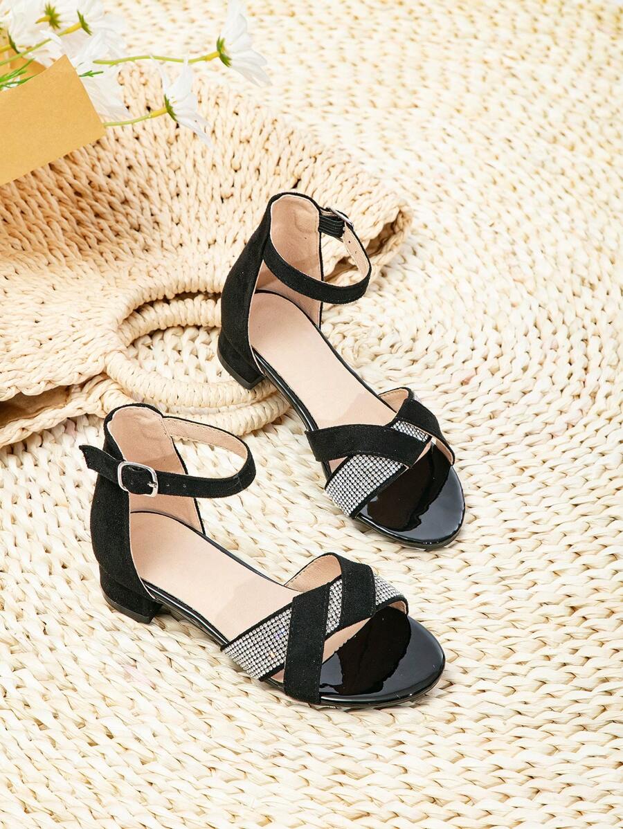 Girls Rhinestone Decor Chunky Heeled Ankle Strap Sandals, Glamorous Outdoor Heeled Sandals - Black - View 1