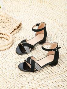 Girls Rhinestone Decor Chunky Heeled Ankle Strap Sandals, Glamorous Outdoor Heeled Sandals - Black - View 3