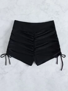 Swim Basics Summer Beach Drawstring Side Ruched Bikini Bottom - Black - View 2