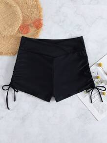 Swim Basics Summer Beach Drawstring Side Ruched Bikini Bottom - Black - View 7