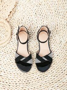 Girls Rhinestone Decor Chunky Heeled Ankle Strap Sandals, Glamorous Outdoor Heeled Sandals - Black - View 5