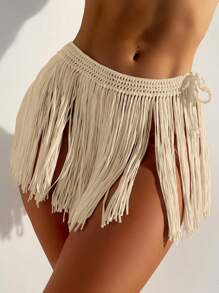 SHEIN Swim Summer Beach Fringe Hem Tie Side Cover Up Skirt - Apricot - View 3