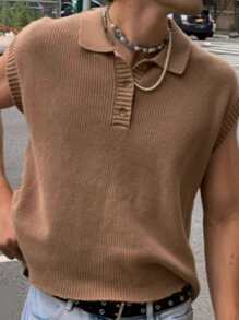 Manfinity Hypemode Chaleco de punto acanalado liso para hombres, sin mangas, amigos, urbano, moda, liso - Café integral - Ver 1