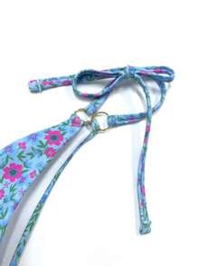 Floral Print Ring Linked Bandeau Summer Beach Bikini Set - Blue - View 3