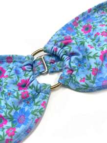 Floral Print Ring Linked Bandeau Summer Beach Bikini Set - Blue - View 4
