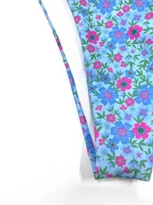 Floral Print Ring Linked Bandeau Summer Beach Bikini Set - Blue - View 5