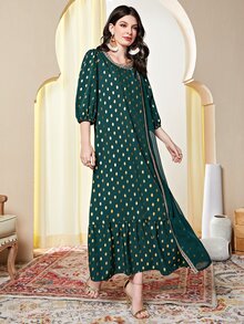 Al Najma 燙金織帶拼接流蘇繫腰帶連衣裙 - 墨綠色 - 查看 6