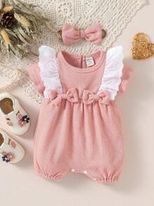 SHEIN Rompers Em bé Nơ Bướm Xù Tranh thêu Khối Màu - Hồng - Xem 1